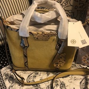 NWT Tory Burch Perry Suede Exotic Small Triple Compartment Tote